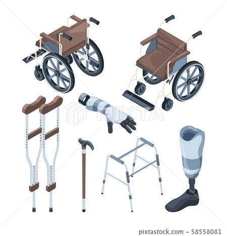 Isometric illustrations of wheelchair and other various objects for disabled peoples 58558081