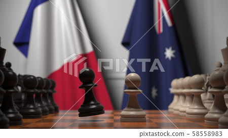 Chess game against flags of France and Australia. Political competition related 3D rendering Chess game against flags of France and Australia. Political competition related 3D rendering 58558983