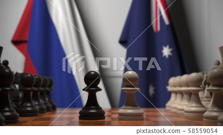 Chess game against flags of Russia and Australia. Political competition related 3D rendering 58559054