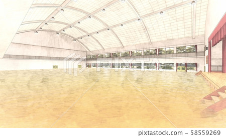 Gymnasium flooded flood damage CG illustration 33 58559269