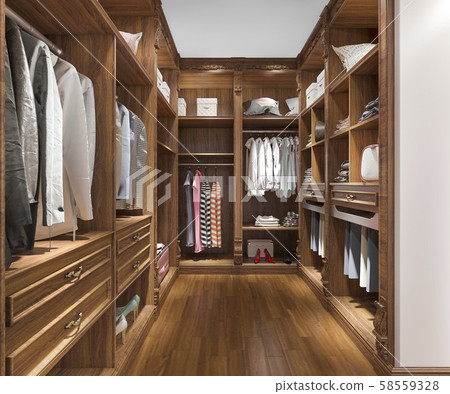 3d rendering minimal scandinavian wood walk in closet with wardrobe 58559328
