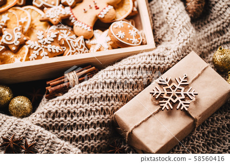 Christmas background with gingerbread and gifts 58560416