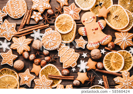 Christmas traditional gingerbread on wooden table Christmas traditional gingerbread on wooden table 58560424