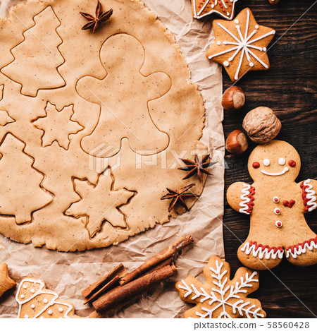 Gingerbread dough with food decorations background 58560428