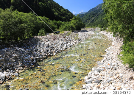 Northern Alps Hotaka mountain range vertical traverse Yokootani mountain trail upstream landscape of Yodo River Northern Alps Hotaka mountain range vertical traverse Yokootani mountain trail upstream landscape of Yodo River 58564573
