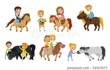 Small Kid Characters Petting The Horse Vector Illustrations 58567677