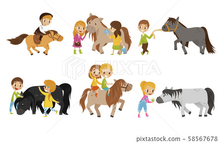 Small Kid Characters Petting The Horse Vector Illustrations 58567678
