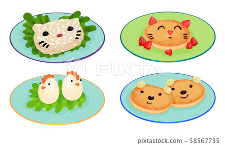 Cute Ideas With Serving Meals For Children Vector Illustration Set Cute Ideas With Serving Meals For Children Vector Illustration Set 58567735