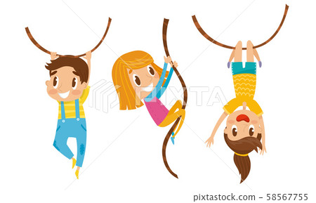 Children Climbing Up With Ropes And Hanging Vector Illustration Set 58567755