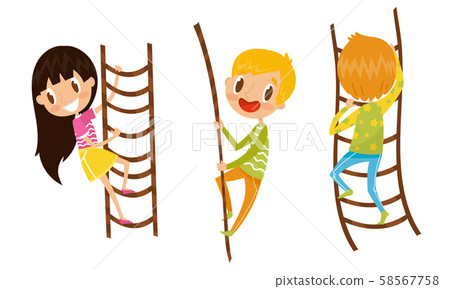 Children Climbing Up With Ropes And Rope-Ladders Vector Illustration Set 58567758