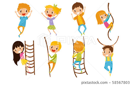 Children In Activities With Ropes And Rope-Ladders Vector Illustration Set 58567803