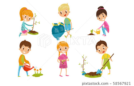 Teenagers At Work Of Garden Planting With Trees And Flowers Vector Illustrations Set Teenagers At Work Of Garden Planting With Trees And Flowers Vector Illustrations Set 58567921