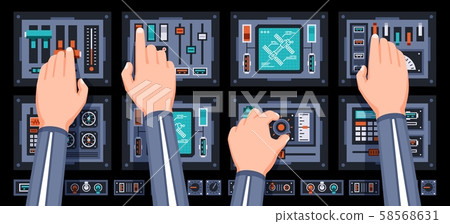 Spaceship control panel with hands of pilots 58568631