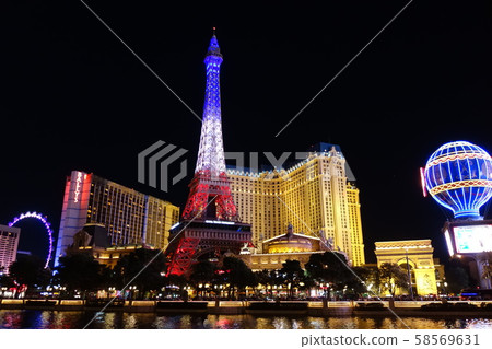 View of Paris Las Vegas and Bellagio Hotel & Casino at night Stock