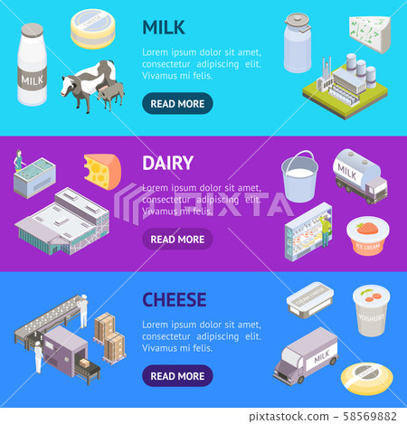 Milk Factory Signs 3d Banner Horizontal Set Isometric View. Vector Milk Factory Signs 3d Banner Horizontal Set Isometric View. Vector 58569882