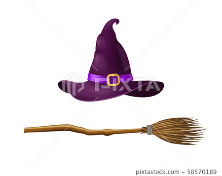 Realistic 3d Detailed Witch Hat and Broom Set. Vector 58570189