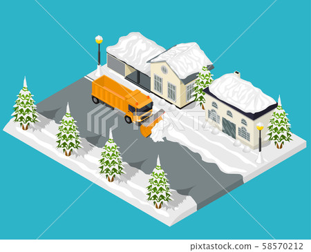 Snow Removal from Road Scene Concept 3d Isometric View. Vector 58570212