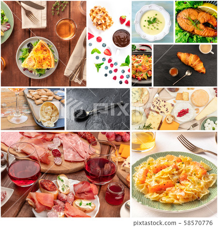 Food Collage. Many photos of tasty dishes, a square design template for a banner, flyer, or 58570776