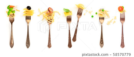 Italian food collage. Pasta design elements. Many forks with pasta and various addings, shot from 58570779