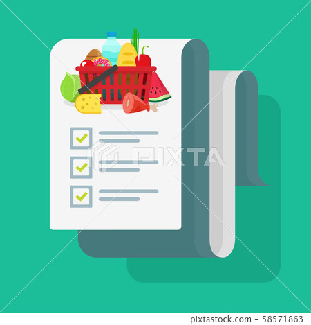 Grocery shopping list or cooking recipe vector illustration, flat cartoon groceries food to buy 58571863