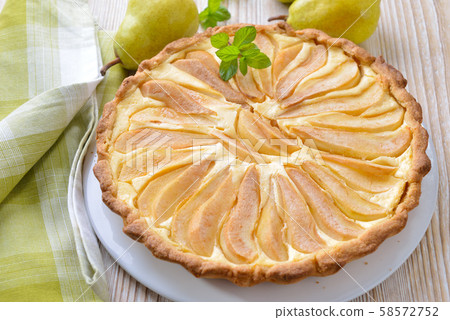 Home baked French style dessert pear tart with curd cheese 58572752