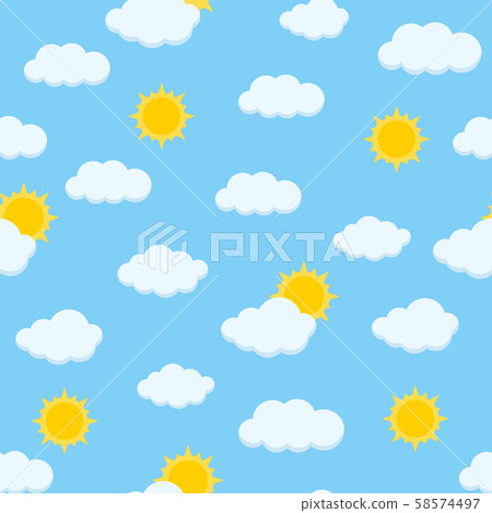 Sunny day sky cute vector seamless pattern with fluffy clouds and shining sun. Sunny day sky cute vector seamless pattern with fluffy clouds and shining sun. 58574497