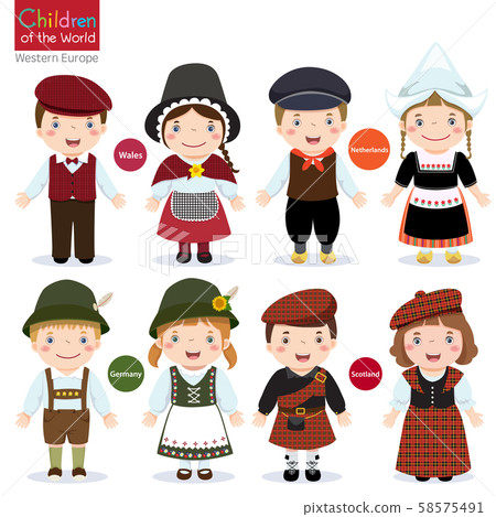 Kids in different traditional costumes (Wales, Netherlands, Germany, Scotland) 58575491