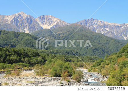 Hakuba foothills overlooking Hakuba mountain range from Hakuba Ohashi Hakuba foothills overlooking Hakuba mountain range from Hakuba Ohashi 58576559