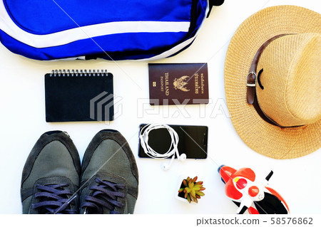 bag  shoes hot and passport travel equipment in white background.  58576862