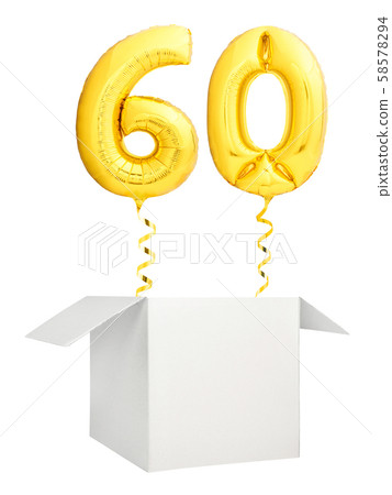 Golden number sixty balloon flying out of blank white box isolated on white background Golden number sixty balloon flying out of blank white box isolated on white background 58578294