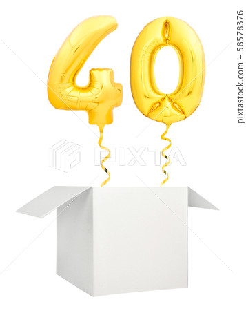 Golden number forty balloon flying out of blank white box isolated on white background Golden number forty balloon flying out of blank white box isolated on white background 58578376