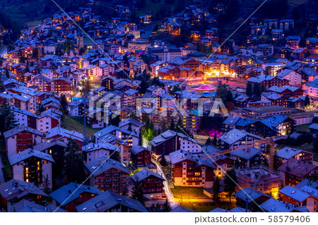 Aerial view of Zermatt at dusk, Switzerland 58579406