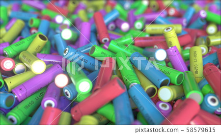 Many multicolor lithium-ion batteries, close-up. 3D rendering Many multicolor lithium-ion batteries, close-up. 3D rendering 58579615