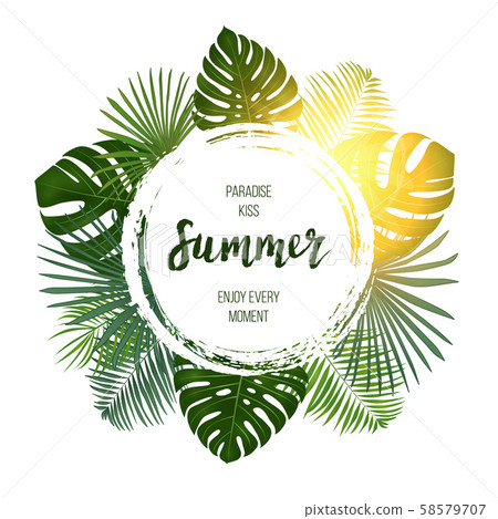 Summer tropical vector design for banner or flyer with green palm leaves and lettering. 58579707
