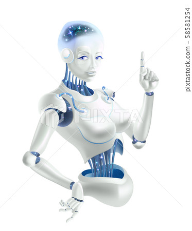 A robot woman holding an index finger up. Neurons are on the wires of the robot. A robot woman holding an index finger up. Neurons are on the wires of the robot. 58581254