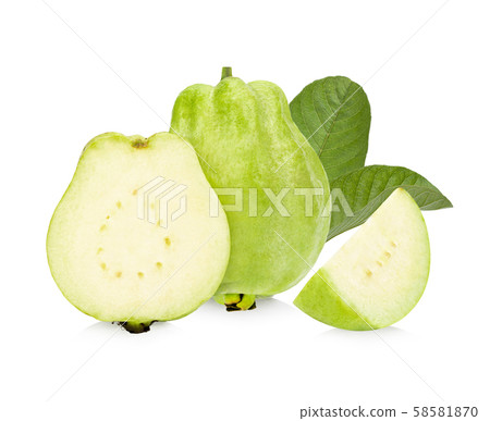 Guava fruit with leaves on  white background. 58581870