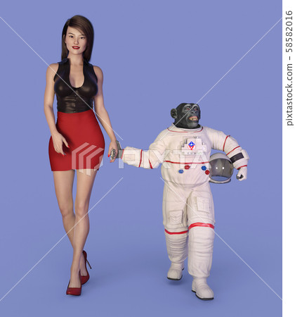 Young woman and chimpanzee in spacesuit Young woman and chimpanzee in spacesuit 58582016