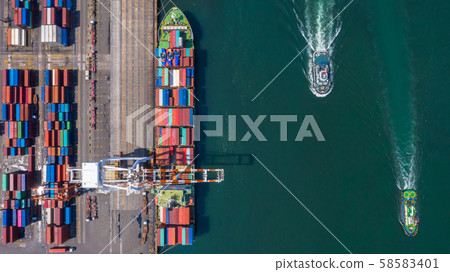 Container ship is loading in a port, Aerial top Container ship is loading in a port, Aerial top 58583401
