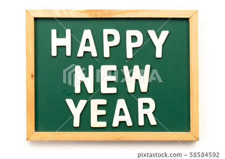 Letter in word happy new year on blackboard in white background Letter in word happy new year on blackboard in white background 58584592