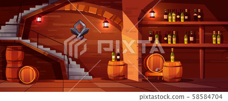 wine cellar with wooden barrels, bottles wine cellar with wooden barrels, bottles 58584704