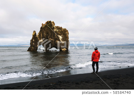 Tourist looks at the Hvitserkur basalt stack in northern Iceland Tourist looks at the Hvitserkur basalt stack in northern Iceland 58584740