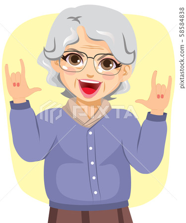 Illustration of funny grandmother rocking with horn hands up Illustration of funny grandmother rocking with horn hands up 58584838