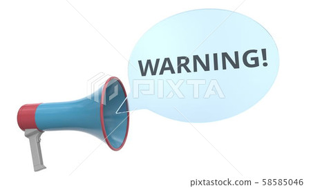 Blue loudspeaker with WARNING message on speech bubble. Conceptual 3D rendering 58585046
