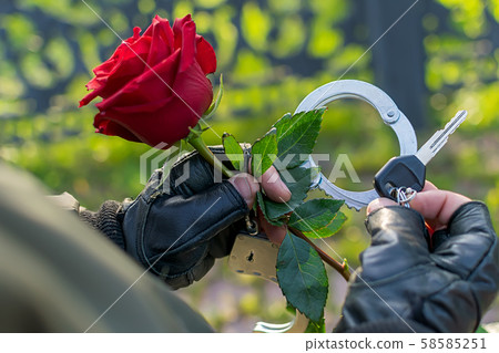 the hand of a man in leather gloves and handcuffs, extends and gives a red rose flower the hand of a man in leather gloves and handcuffs, extends and gives a red rose flower 58585251