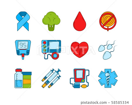 Diabetic medical symbols. Insulin, syringe and other medical icons set Diabetic medical symbols. Insulin, syringe and other medical icons set 58585334