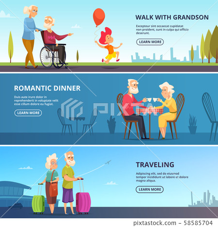 Horizontal banners set with illustrations of elderly couples in various situations Horizontal banners set with illustrations of elderly couples in various situations 58585704