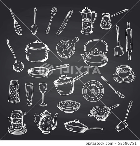 Vector set of hand drawn kitchen utensils on black chalkboard illustration 58586751