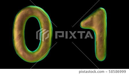 Number set 0, 1 made of realistic 3d render gold color. Collection of natural snake skin texture Number set 0, 1 made of realistic 3d render gold color. Collection of natural snake skin texture 58586999
