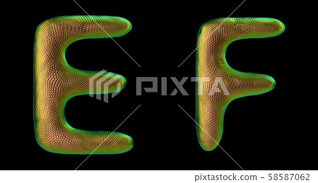 Letter set E, F made of realistic 3d render natural gold snake skin texture. 58587062