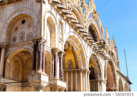 Wonderful exterior of Saint Mark Basilica in Venice, Italy. Wonderful exterior of Saint Mark Basilica in Venice, Italy. 58587855